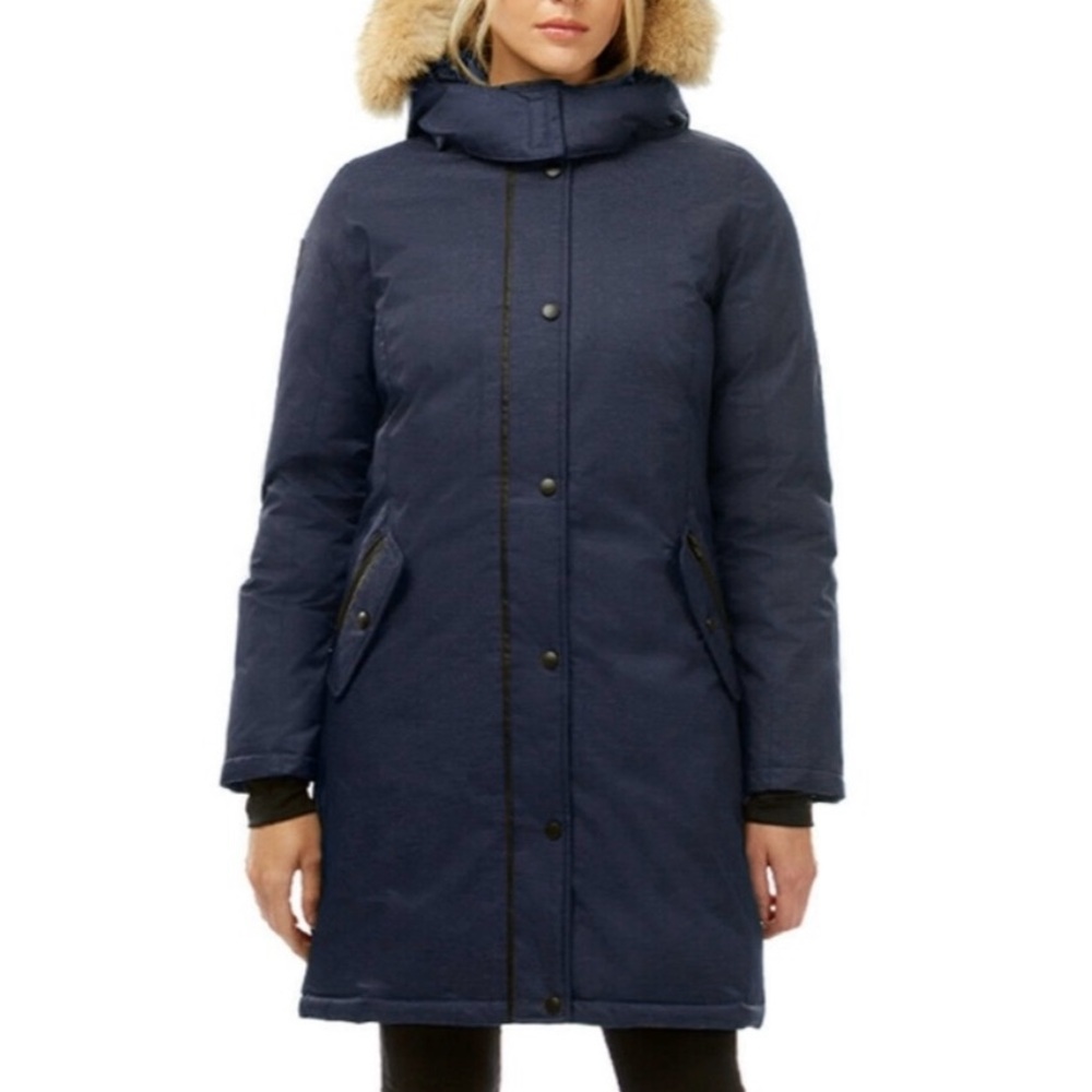 Women's Navy Puffer Coat with Coyote Fur Hood